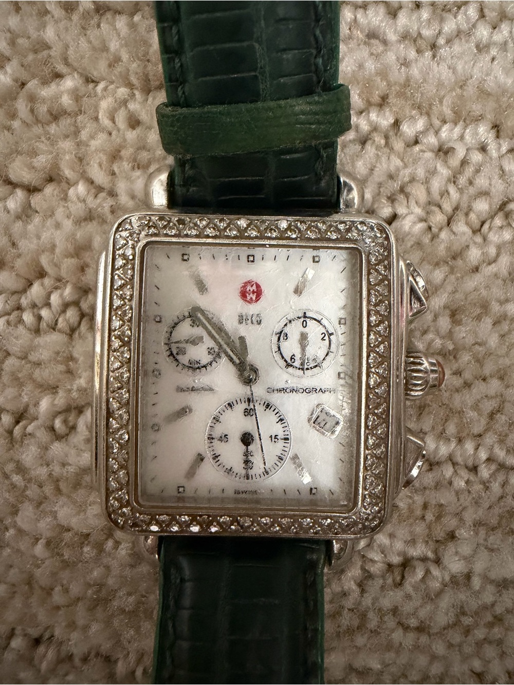 MICHELE Deco Diamond Chronograph Green Lizard Watch Scratched Crystal AS IS